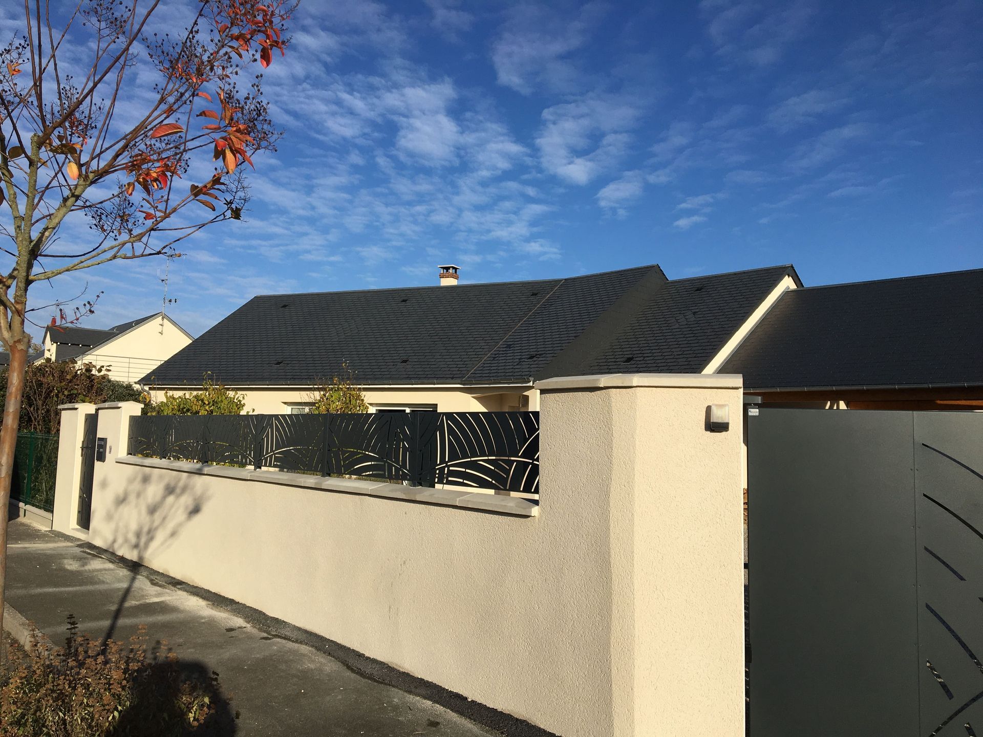 Clôture noire avec motif feuillage gravé dedans