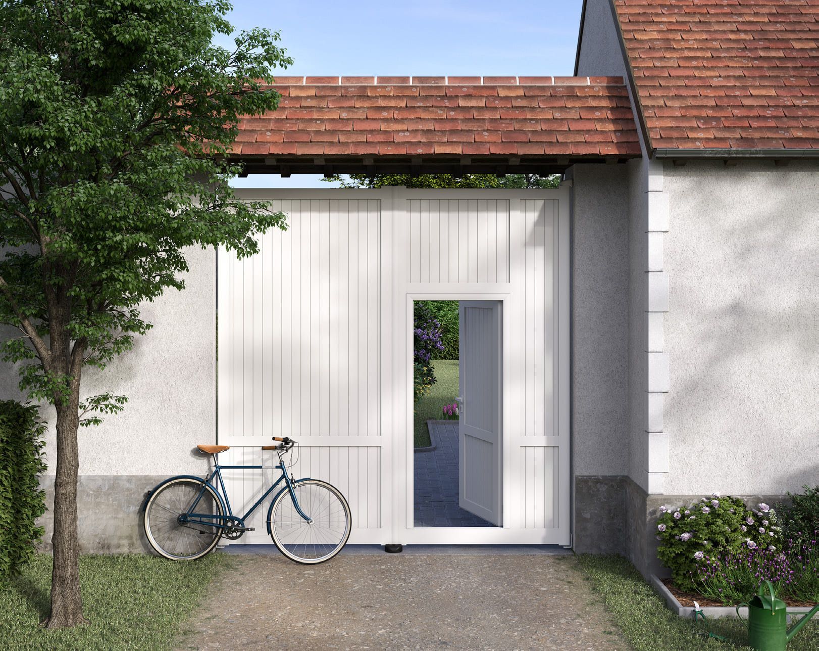 Portail avec portillon compris dedans et vélo posé contre