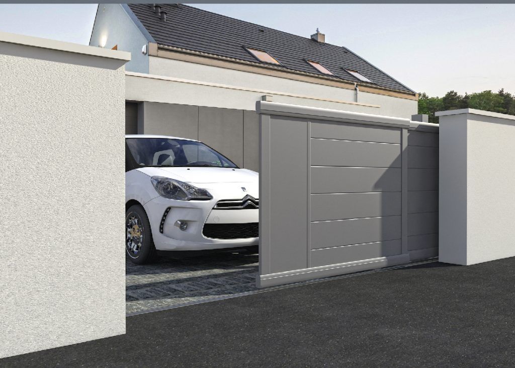 Portail en alu gris clair et coulissant