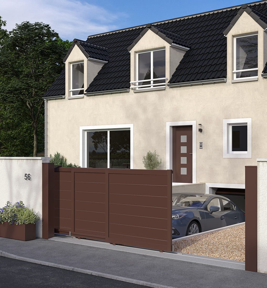 Portail coulissant marron s'ouvrant