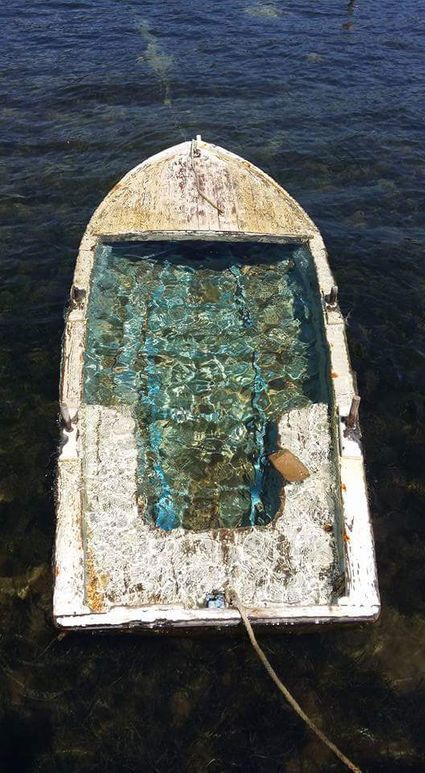 vollgelaufenes Holzboot im Wasser