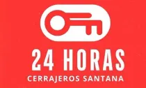 A red and white logo for 24 horas cerrajeros santana