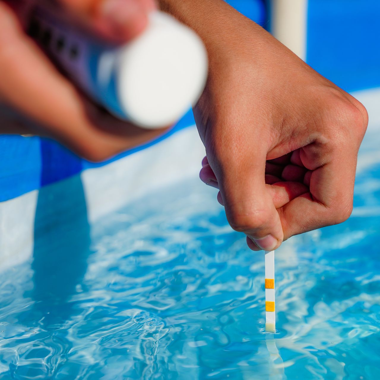 Une personne teste l'eau d'une piscine à l'aide d'une bandelette réactive, tenant un récipient blanc. L'eau est bleue, le bord de la piscine étant blanc et bleu.