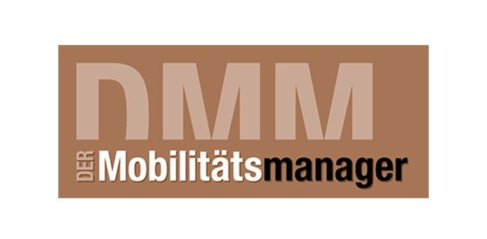 Logo of DMM Der Mobilitätsmanager in white text on brown rectangle.