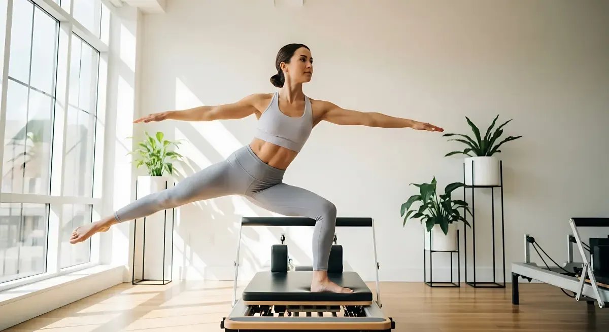 Mujer haciendo pilates en un reformer con los brazos extendidos. Ropa deportiva gris claro, habitación luminosa.