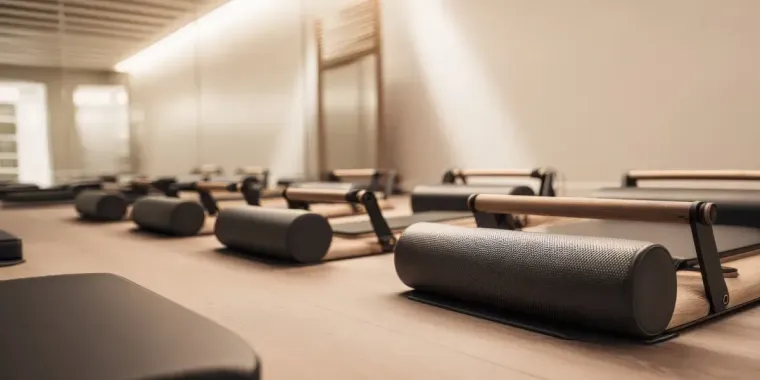 Estudio de pilates con equipamiento, suelos de madera clara, paredes neutrales y un gran espejo.