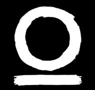 Círculo blanco, estilo pincelada, sobre una línea horizontal sobre un fondo negro.