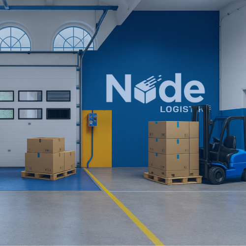 Modernes Lager mit Paletten, Gabelstapler und Node-Logo an der Wand, symbolisiert den Übergang vom internen Versand zu professionellem Fulfillment durch einen Logistikpartner.