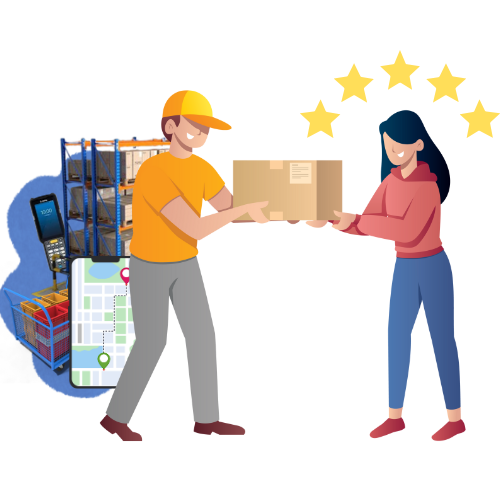 Was ist Fulfillment eigentlich? Ein Fulfillment-Mitarbeiter übergibt ein Paket an eine zufriedene Kundin, im Hintergrund Lagerregale, Scanner und Lieferverfolgung, symbolisiert den gesamten Fulfillment-Prozess von Lagerung über Versand bis zur Kundenzufriedenheit.