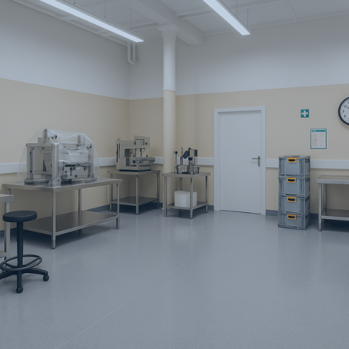 Moderner Produktions- und Co-Packing-Raum mit Maschinen und Arbeitsflächen, symbolisiert professionelle Value-Added-Services, Etikettierung und Produktionsunterstützung im Fulfillment.