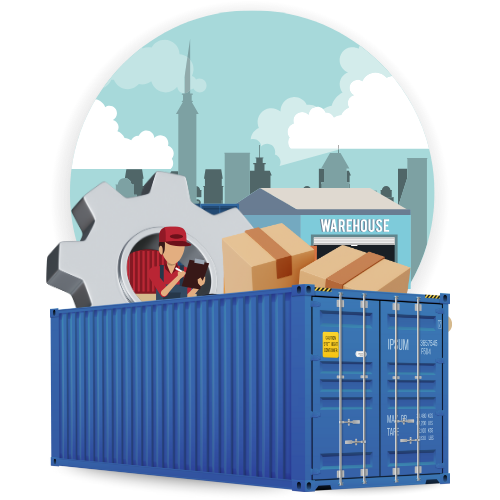 Container mit Paketen, Lagerhaus und Zahnradsymbol im Hintergrund, symbolisiert Fulfillment-Leistungen wie Lagerung, Prozessabwicklung und Versand.