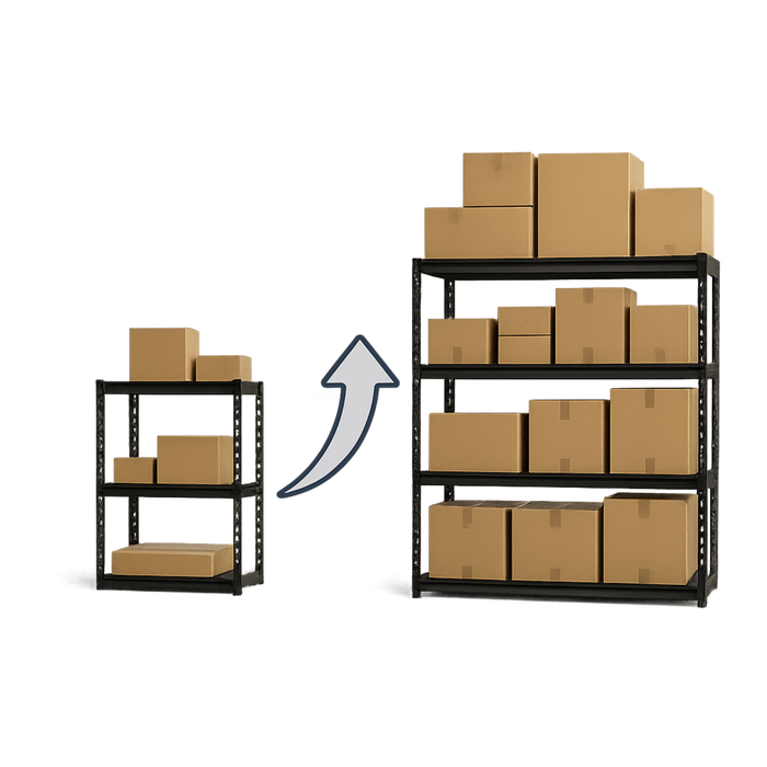 Ein kleines Regal, welches durch einen Pfeil nach oben auf ein größeres Regal verweist, symbolisiert die Skalierung deiner Brand, mit Hilfe von Node Fulfillment