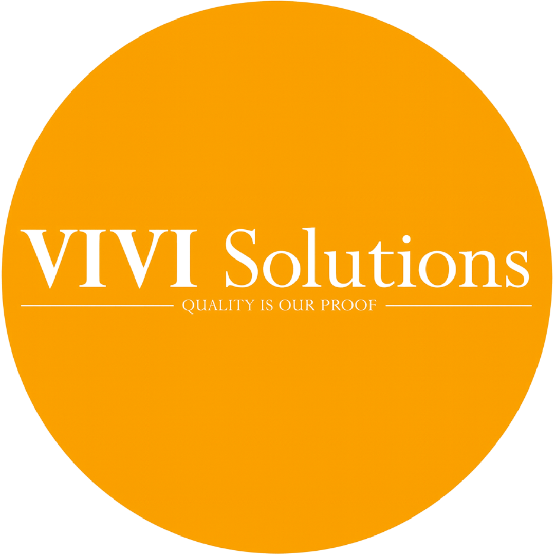Ein Orange gefasstes Logo einer unserer Kunden VIVI Solutions GmbH. Es enthält den Schriftzug, VIVI Solutions - Quality is our Proof