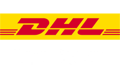 DHL Logo in Gelb mit dem Schriftzug DHL in Rot. Schriftzug,