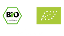Das Bio Zeichen in einem Hexagon, mit der Aufschrift, Bio Zertifiziert, den Node ist Bio Zertifiziert.