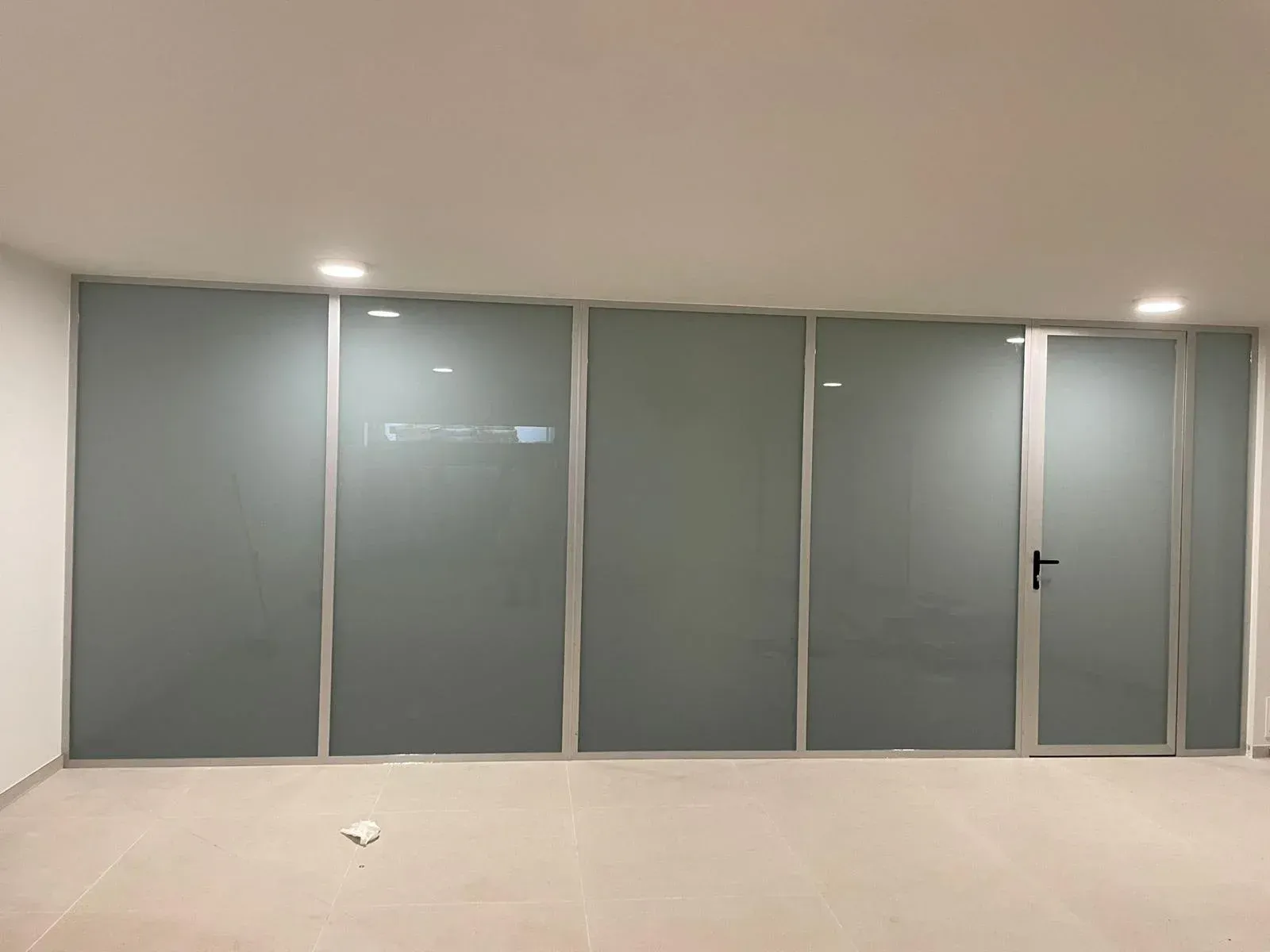 Un moderno tabique divisorio de oficina con paneles de vidrio esmerilado enmarcados en metal plateado, que incluye una puerta de vidrio.