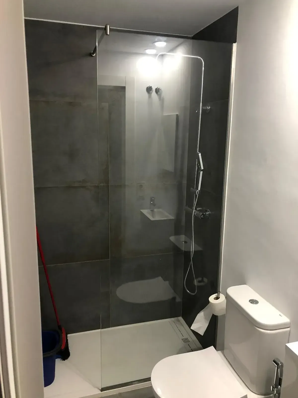 Un baño que muestra una cabina de ducha de cristal con paredes alicatadas en gris oscuro junto a un inodoro blanco.