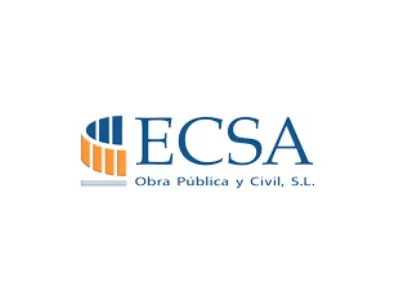 Logotipo de ECSA Obra Pública y Civil, SL con letras azules y un gráfico estilizado con barras naranjas y azules.