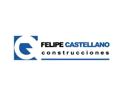 Logotipo azul y blanco para Felipe Castellano Construcciones con un icono estilizado de la letra G.