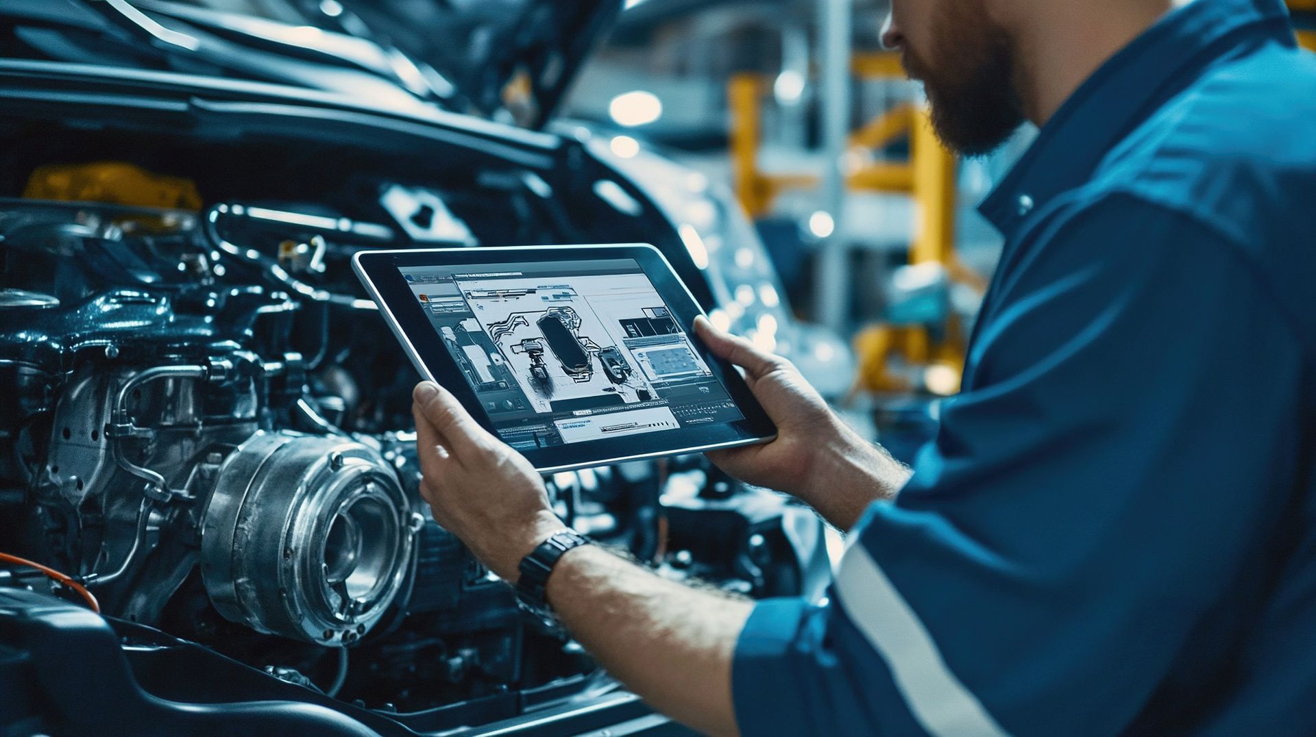 Un mécanicien utilise une tablette pour diagnostiquer un moteur de voiture dans un garage.