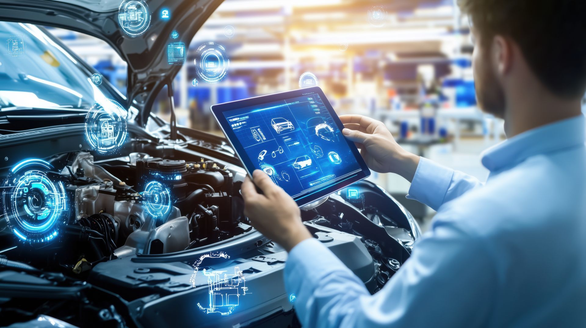 Un homme utilise une tablette pour diagnostiquer un moteur de voiture.