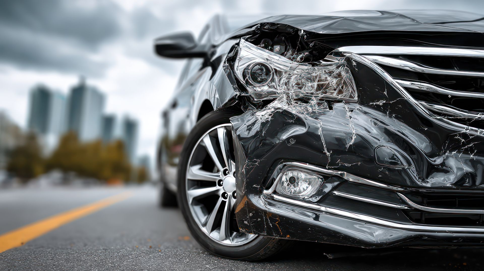 Voiture noire endommagée sur la route, collision frontale, capot froissé et phare cassé.