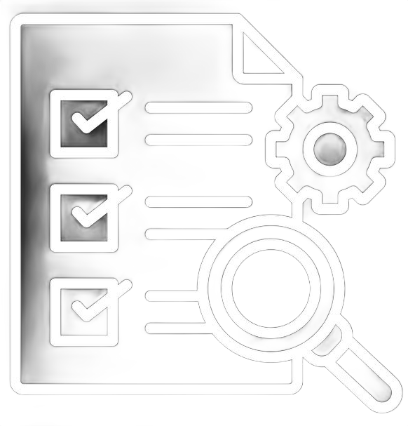 Une liste de contrôle avec loupe et icône d'engrenage.