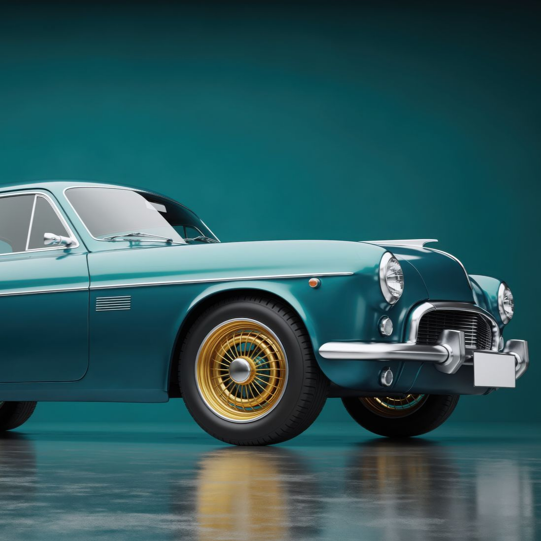 Voiture ancienne turquoise avec des jantes dorées sur fond turquoise.
