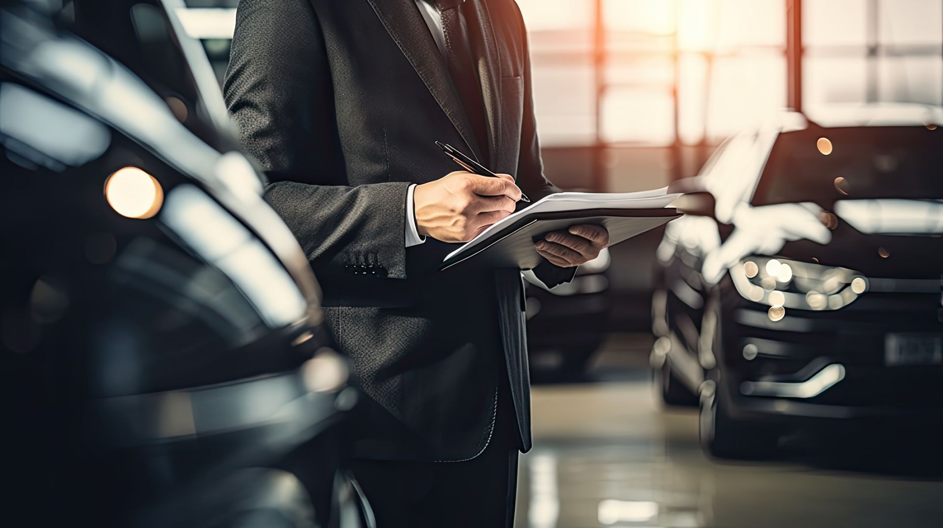 Un homme en costume, tenant un bloc-notes, examine des voitures dans la salle d'exposition d'un concessionnaire.