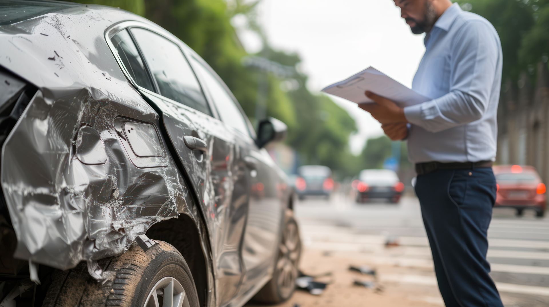 Un homme inspecte les dégâts causés à une voiture après une collision dans la rue.