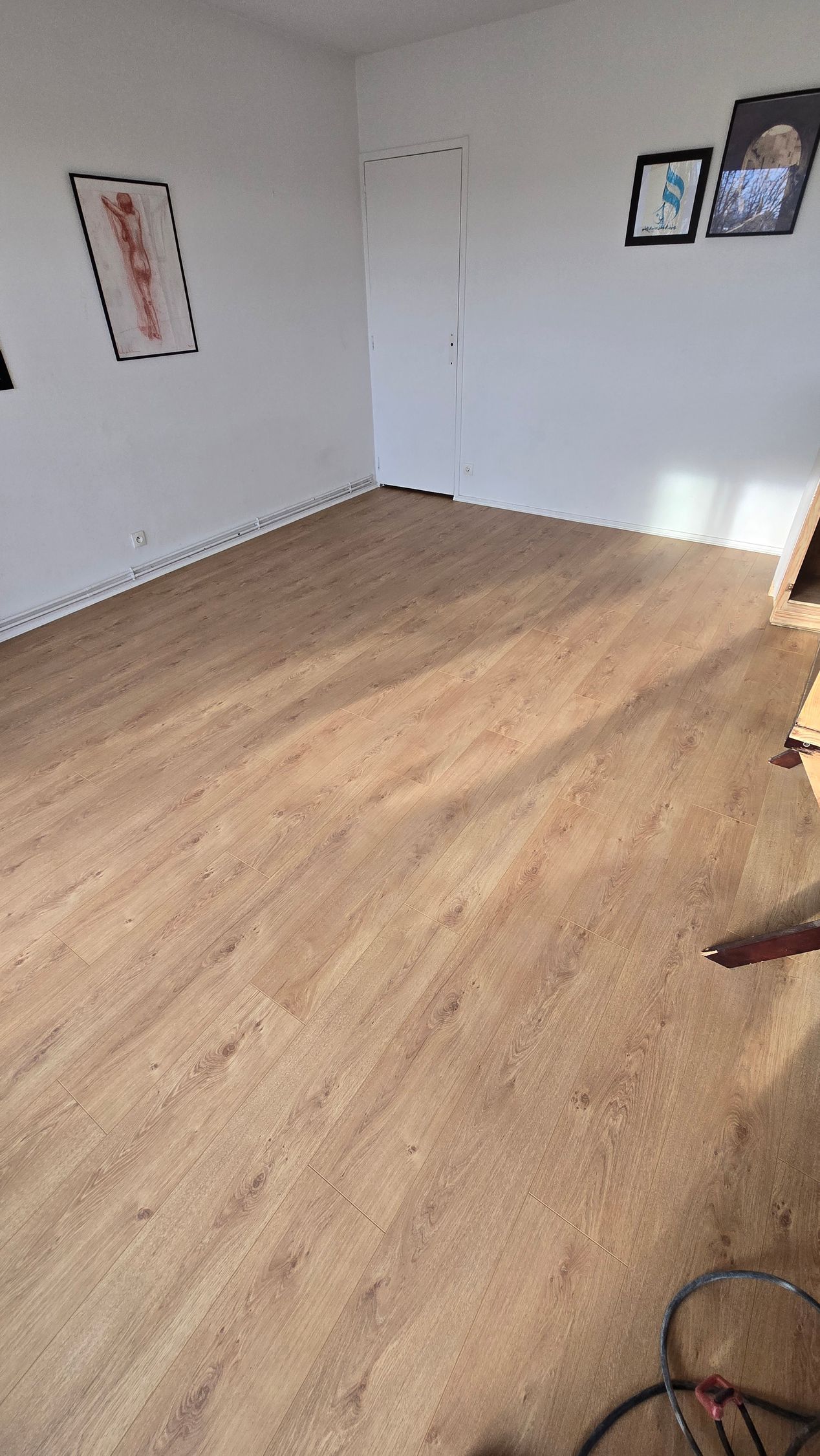 Pièce vide avec parquet clair, murs blancs et porte blanche fermée.