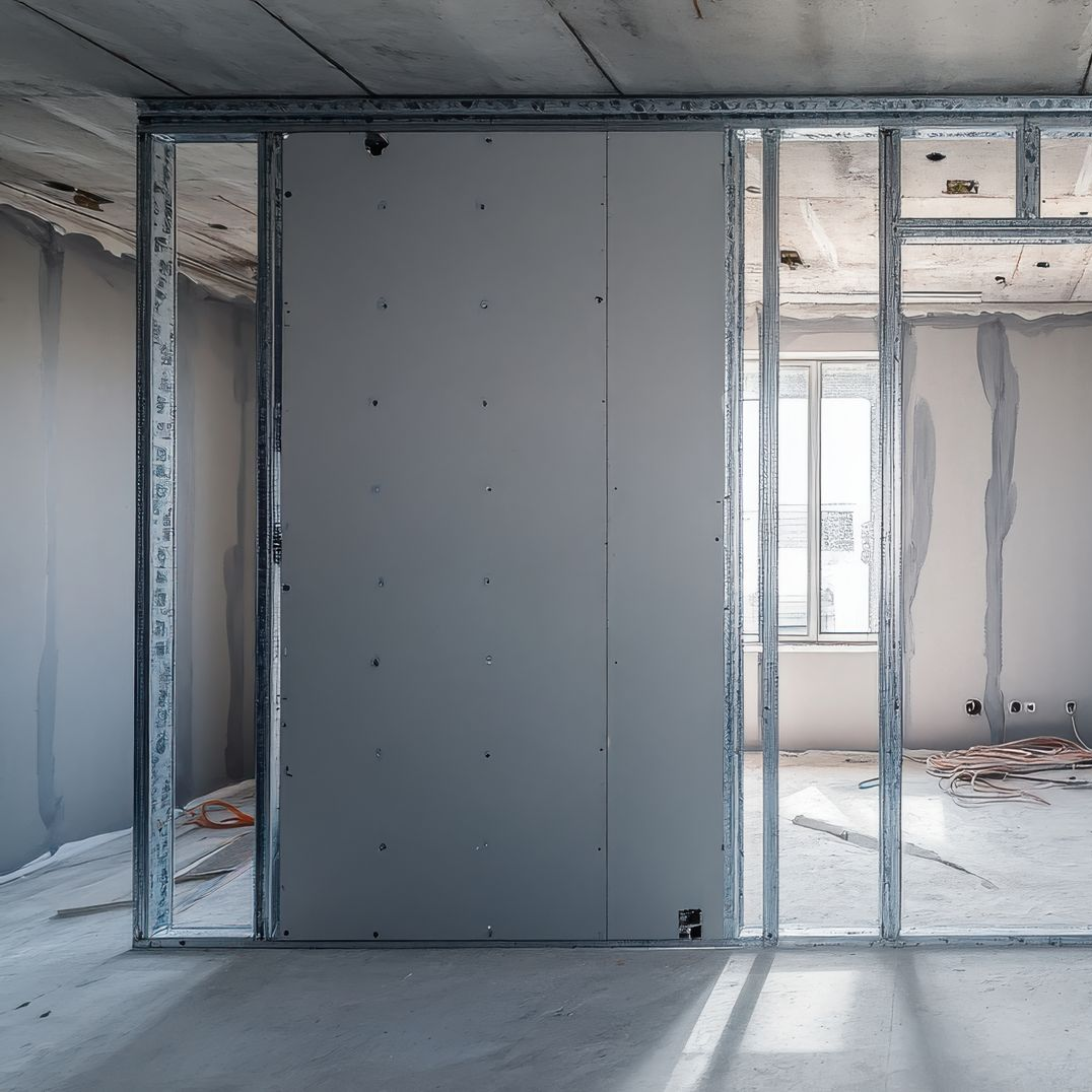 Intérieur avec ossature métallique, cloisons sèches et béton dans une pièce.