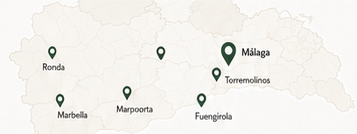 Mapa del sur de España con marcadores de ubicación para Ronda, Marbella, Málaga, Torremolinos, Marporrta y Fuengirola.