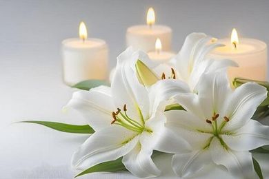 Lirios blancos y velas encendidas dispuestas sobre un fondo blanco suave.