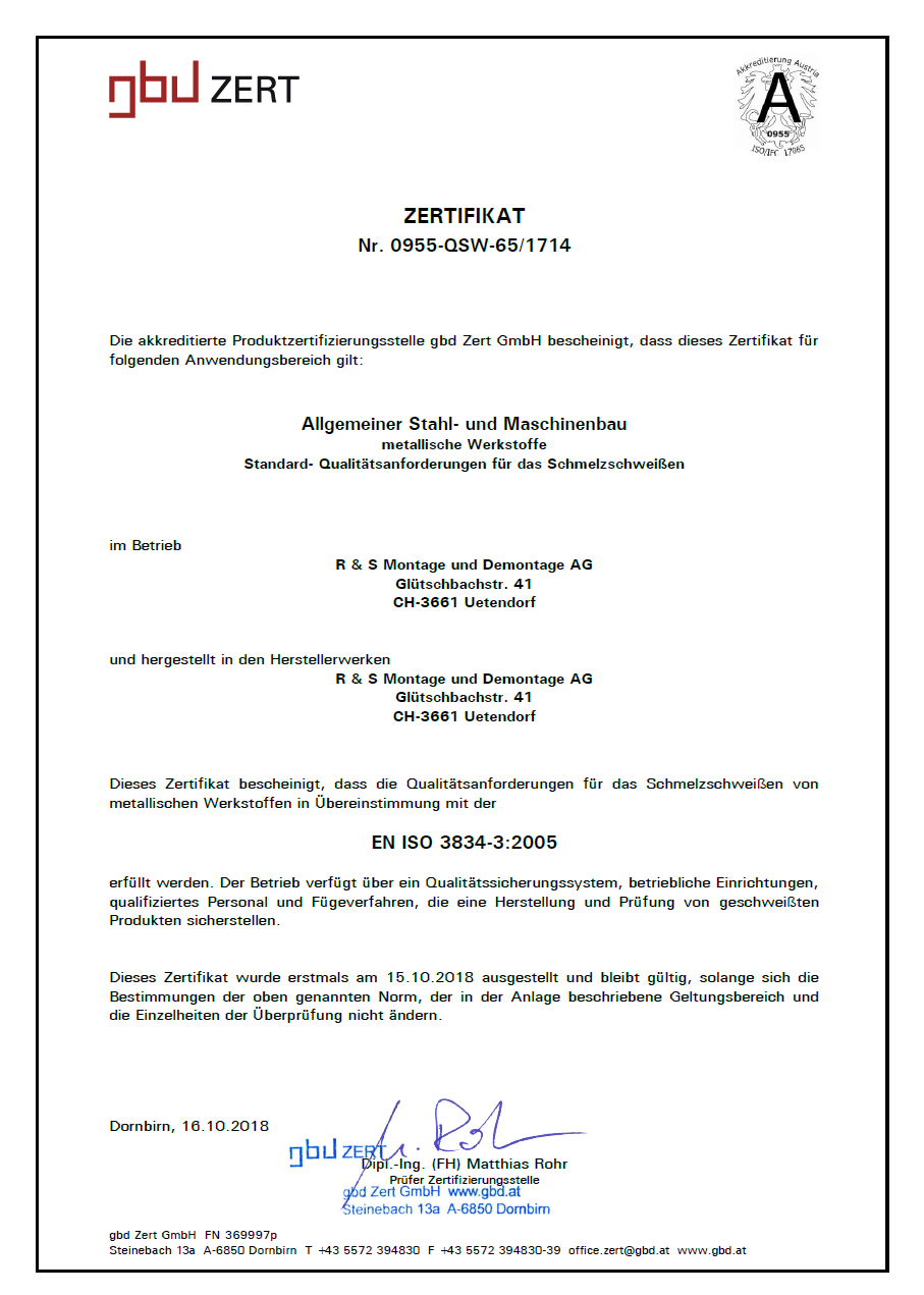 Zertifikat - Allgemeiner Stahl- und Maschinenbau R+S Montage und Demontage AG