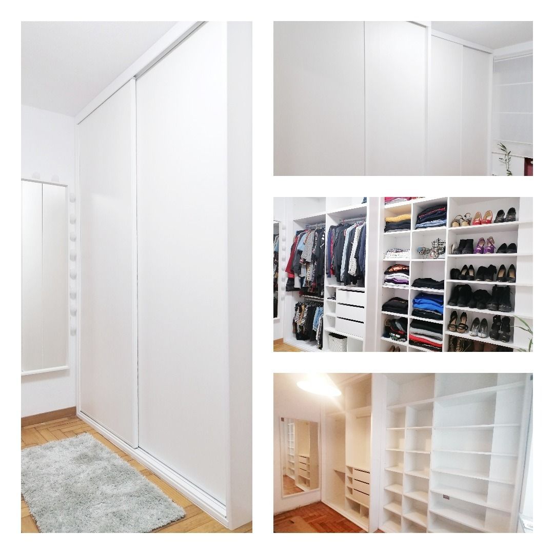 Un collage de imágenes de un vestidor con puertas correderas.