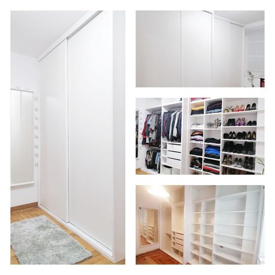 Un collage de imágenes de un vestidor con puertas correderas.