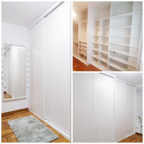 Un collage de tres fotografías de un vestidor.