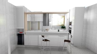 Una representación 3D de una cocina con gabinetes y taburetes blancos.