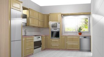 Una cocina con gabinetes de madera y electrodomésticos de acero inoxidable.