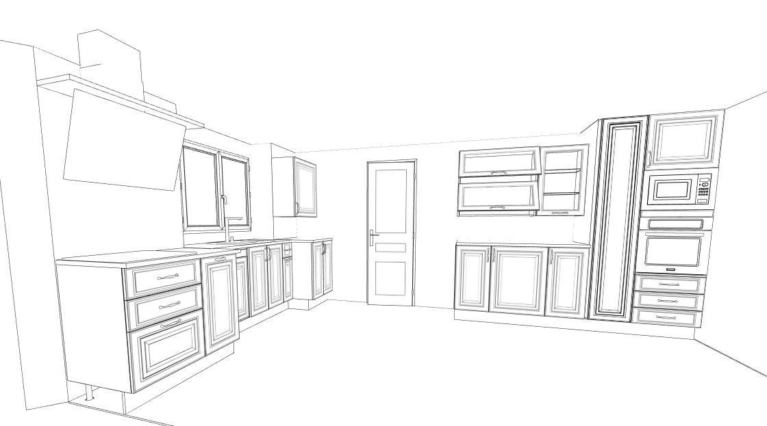 Un dibujo en blanco y negro de una cocina con electrodomésticos.