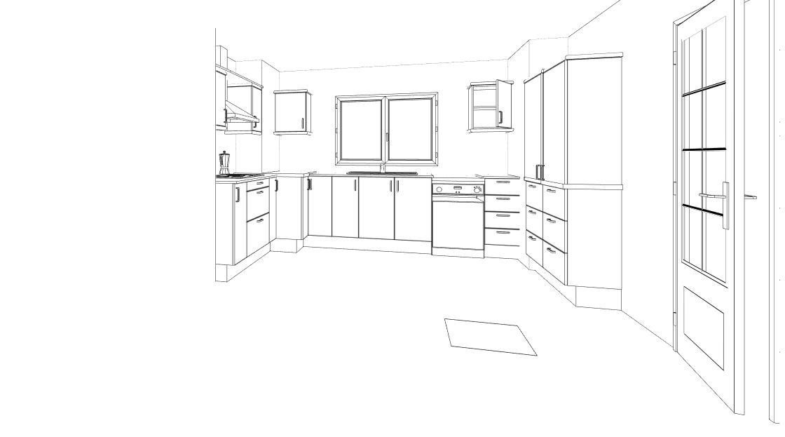 Un dibujo en blanco y negro de una cocina con muchos gabinetes.