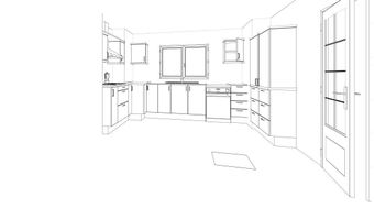 Un dibujo en blanco y negro de una cocina con muchos gabinetes.