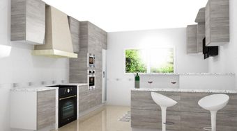Una cocina con gabinetes de madera y encimeras blancas.