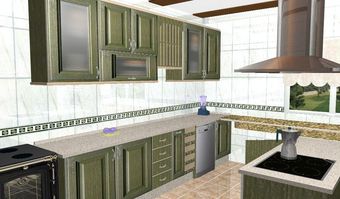 Una imagen generada por computadora de una cocina con gabinetes verdes.