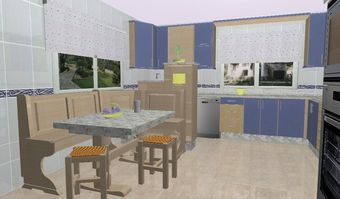 Una imagen generada por computadora de una cocina con una mesa y sillas.