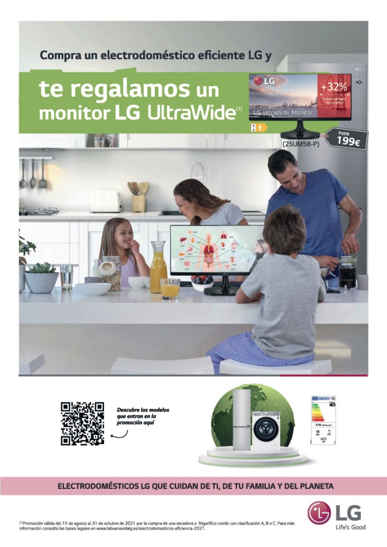 Una familia está sentada en una mesa frente a un monitor.