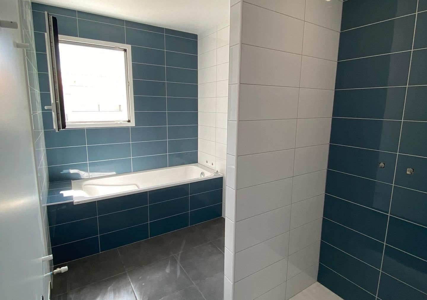 Salle de bains avec carreaux bleu et blanc