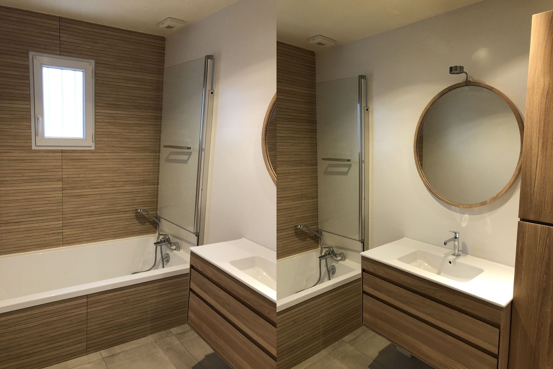 Deux angles de photo montrant une salle de bains avec finition en bois