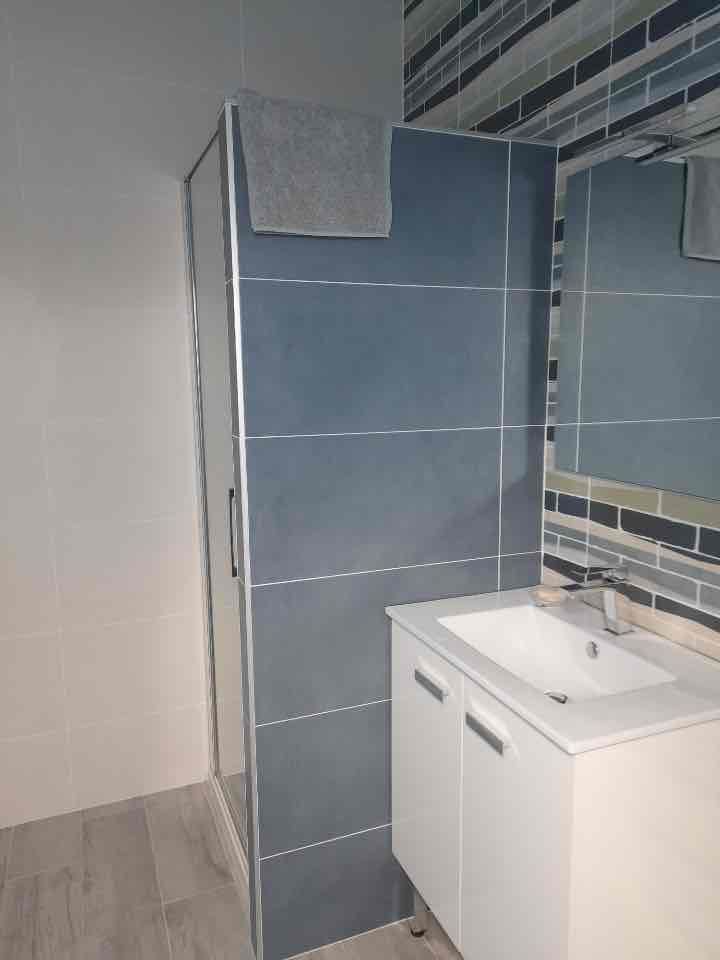 Salle de bains avec mur bleu